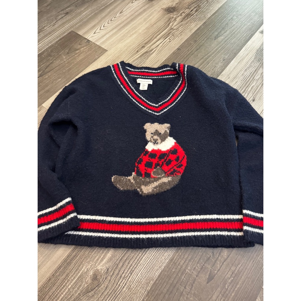 Cupcakes and cashmere Navy Blue V-Neck Varsity Bear Intarsia Sweater Women med